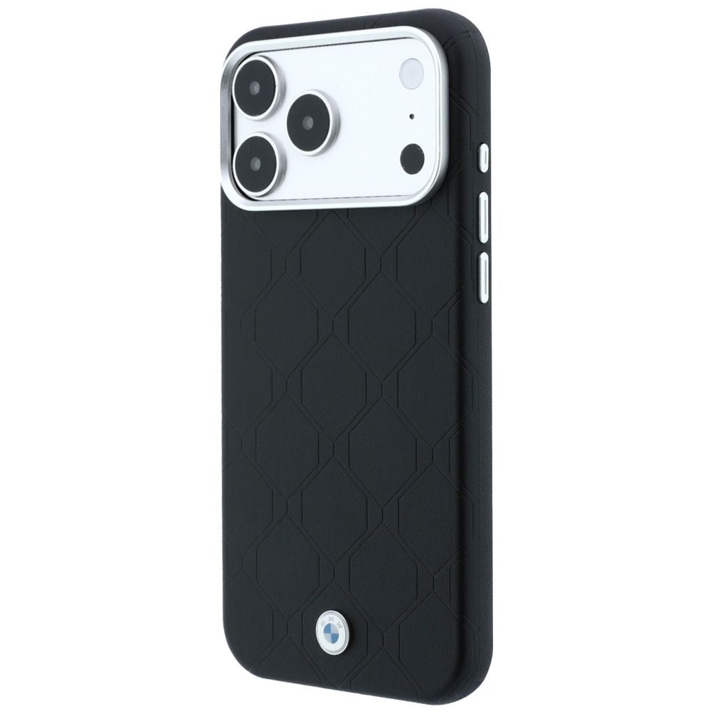BMW Deboss Quilted Metal Logo MagSafe -kuori till iPhone 18 Pro Max/17 Pro Max - Musta