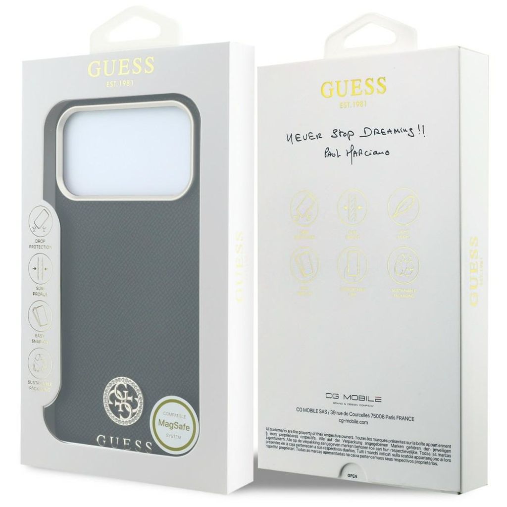 Guess Grained Round Strass Logo MagSafe -kuori till iPhone 18 Pro/17 Pro - Musta