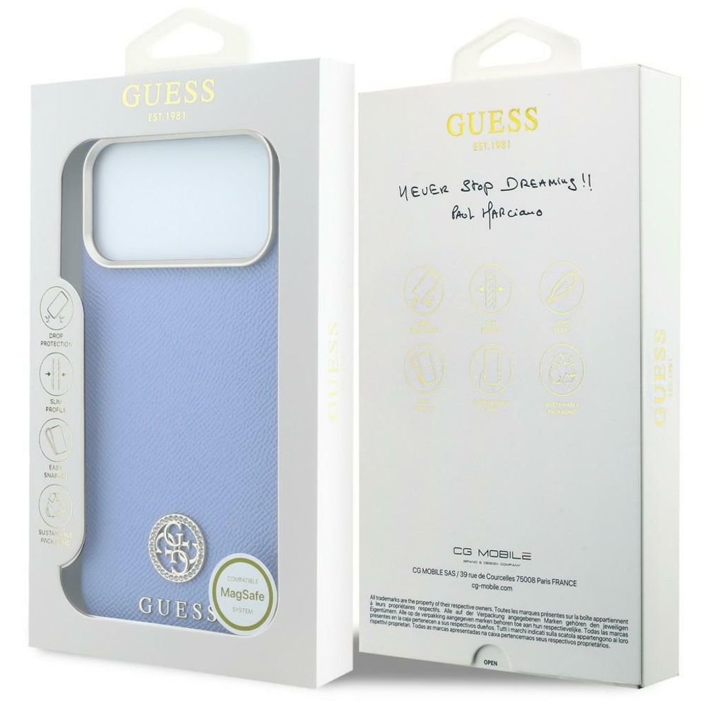 Guess Grained Round Strass Logo MagSafe -kuori till iPhone 18 Pro/17 Pro - Sininen