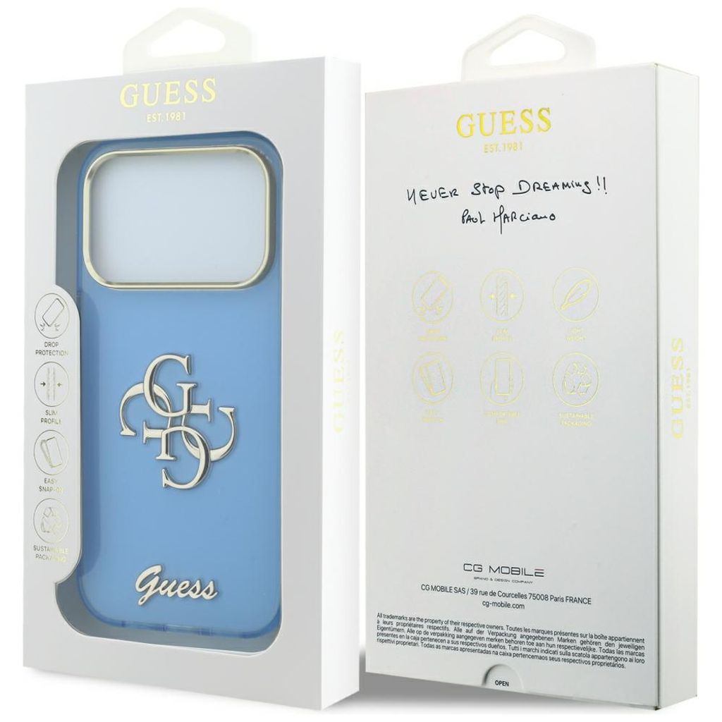 Guess 4G Script Metal -kuori till iPhone 18 Pro Max/17 Pro Max - Vaaleansininen