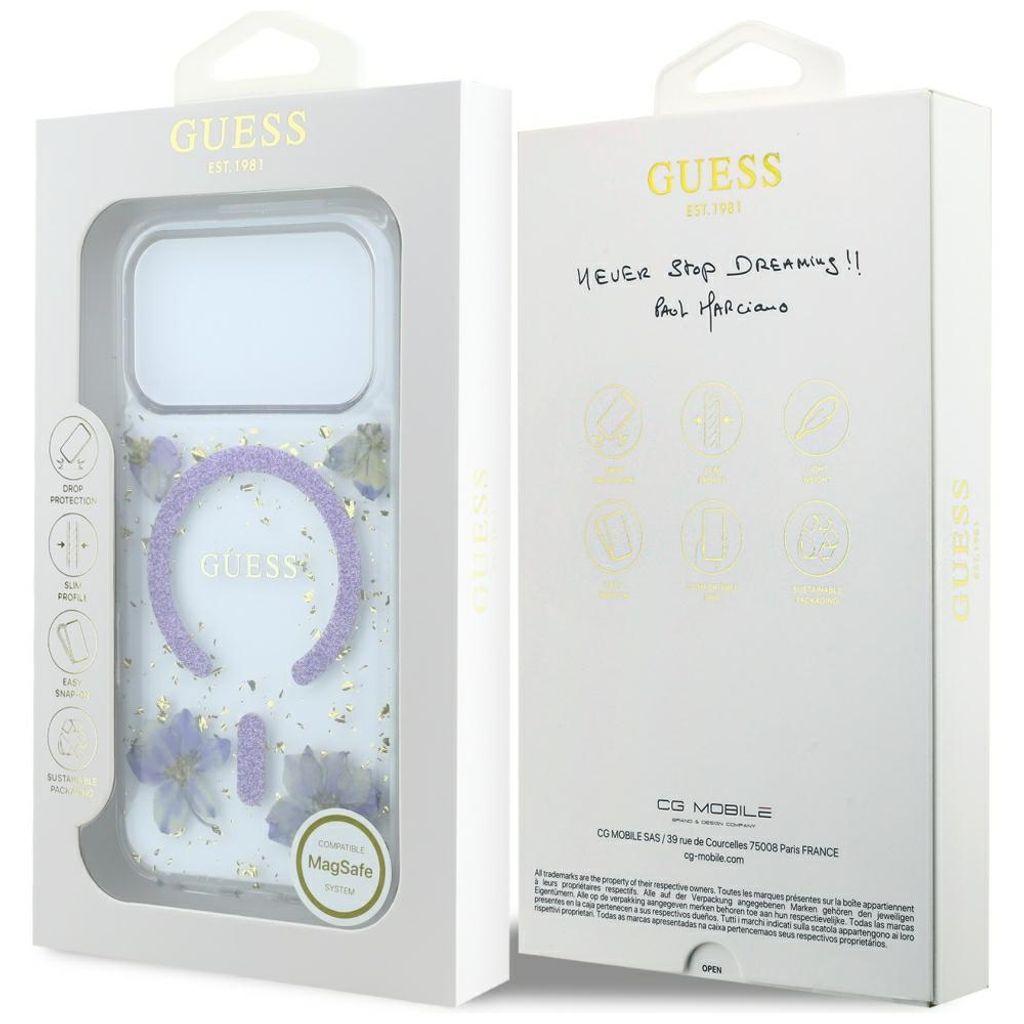 Guess Resin Flowers Glitter MagSafe -kuori till iPhone 18 Pro/17 Pro - Violetti