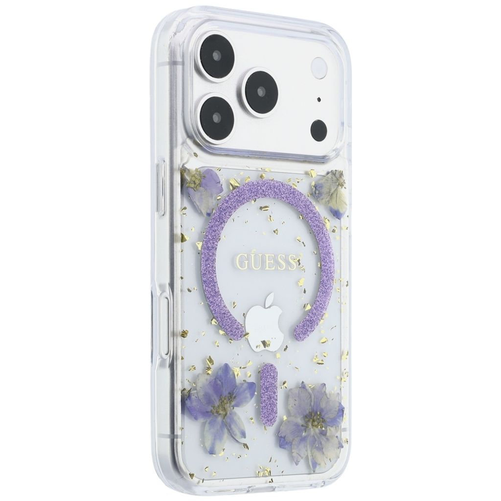 Guess Resin Flowers Glitter MagSafe -kuori till iPhone 18 Pro/17 Pro - Violetti