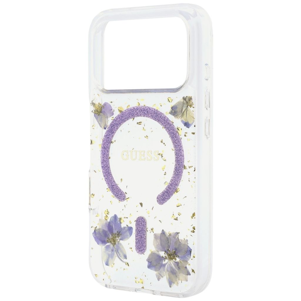 Guess Resin Flowers Glitter MagSafe -kuori till iPhone 18 Pro/17 Pro - Violetti