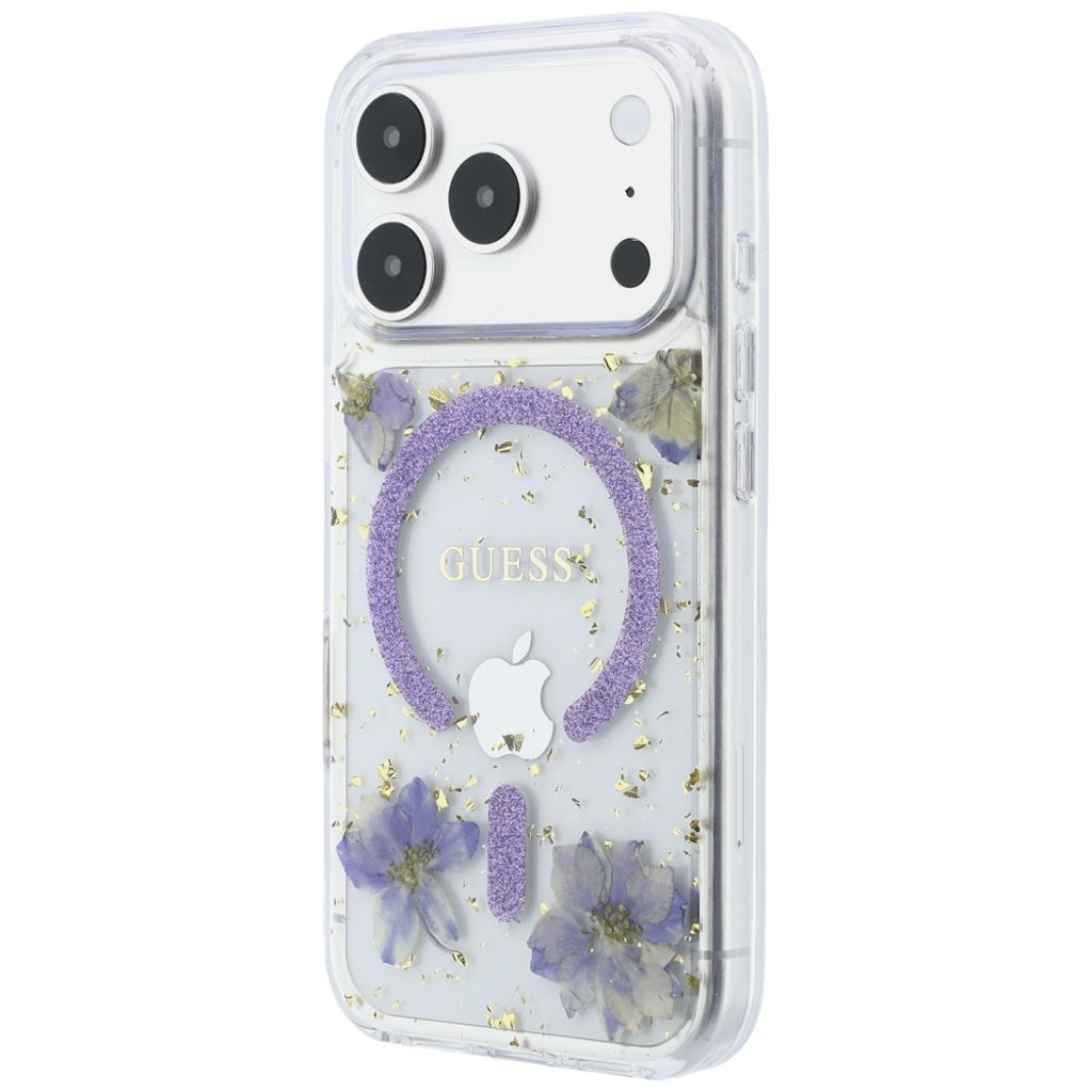 Guess Resin Flowers Glitter MagSafe -kuori till iPhone 18 Pro Max / 17 Pro Max - Violetti