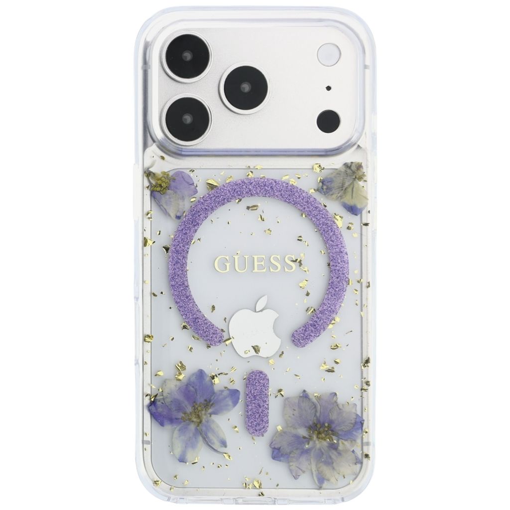 Guess Resin Flowers Glitter MagSafe -kuori till iPhone 18 Pro Max / 17 Pro Max - Violetti