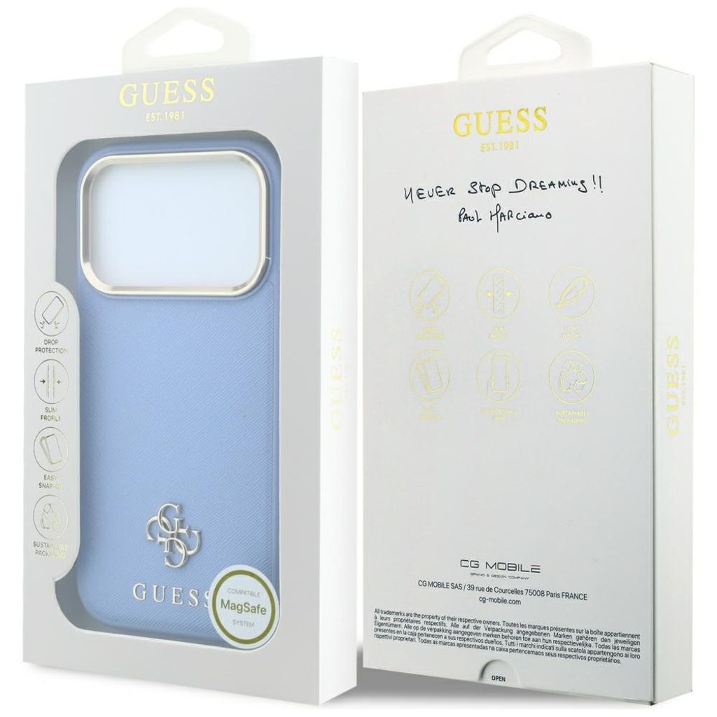Guess Saffiano Small 4G Classic Logo MagSafe -kuori iPhone 18 Pro Max/17 Pro Max - Vaaleansininen