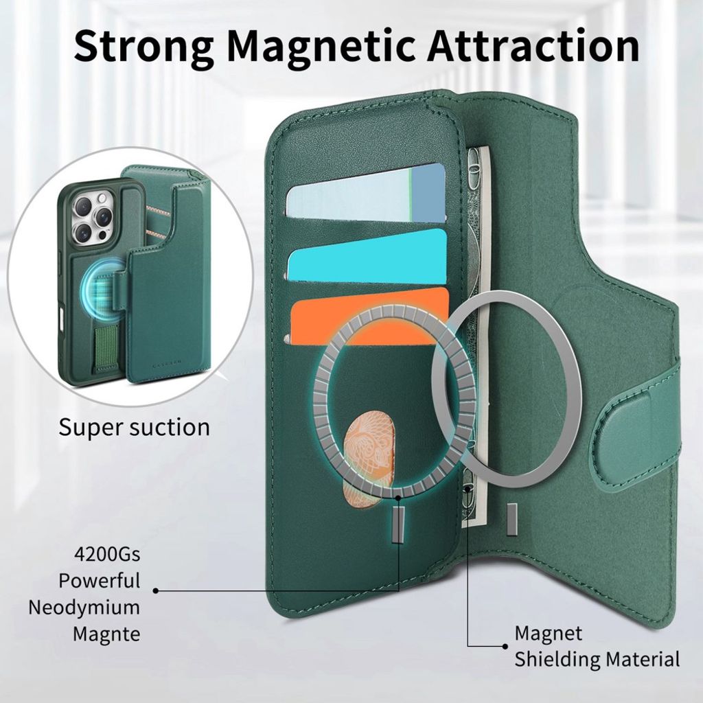 CASENEO iPhone 16 Pro Max Magnetic Wallet Cover RFID Blocking – Green