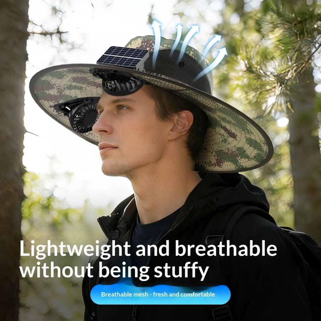 Solhatt med inbyggda soldrivna fläktar & UPF50+ UV-skydd – Kamouflagegrön