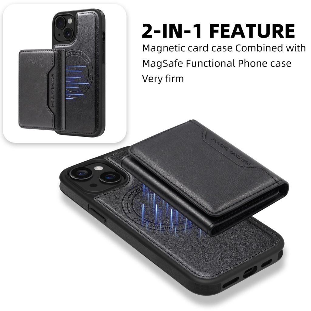 iPhone 15 Magnetic Wallet Case with Detachable Card Holder - Black