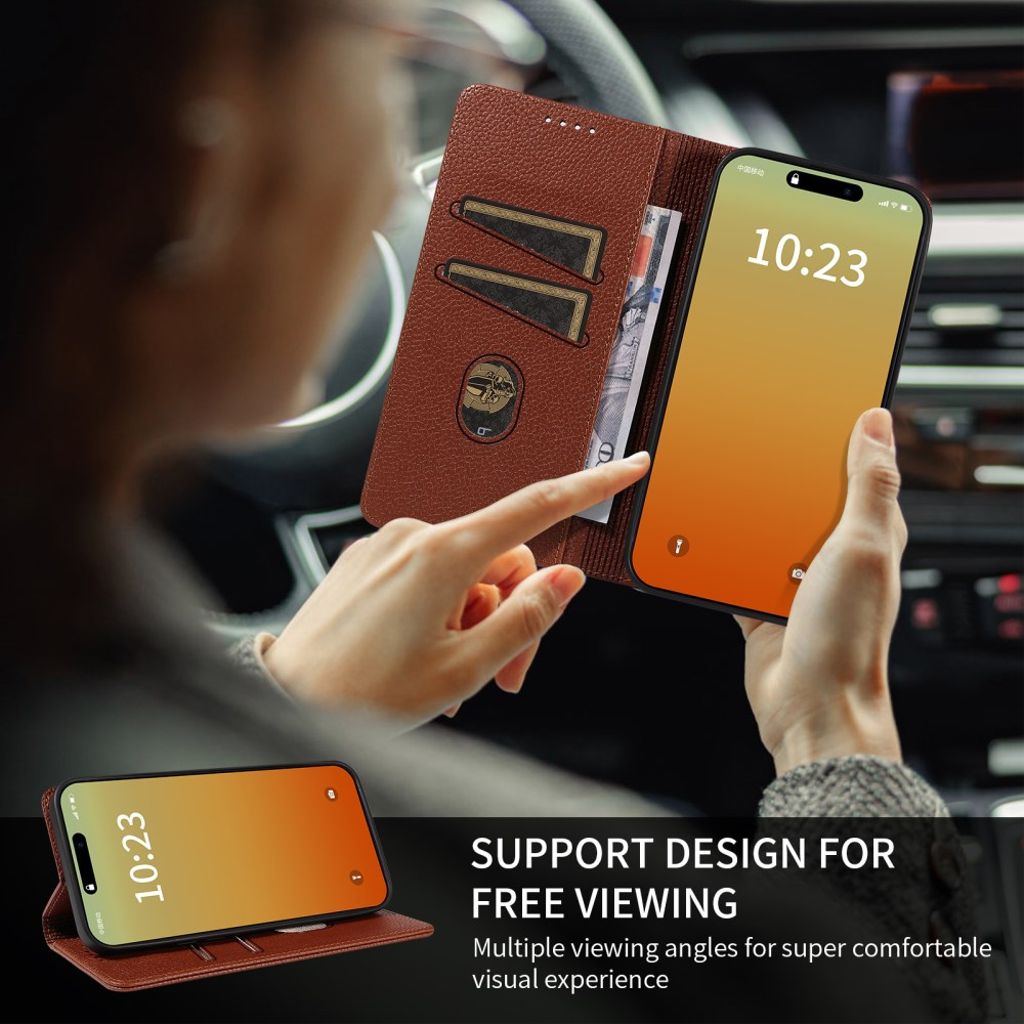 iPhone 14 Pro Wallet Cover RFID Blocking Stand - Brown