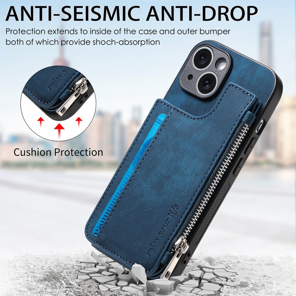 iPhone 14 Pungcover med Kortholder/Stativ – Blå