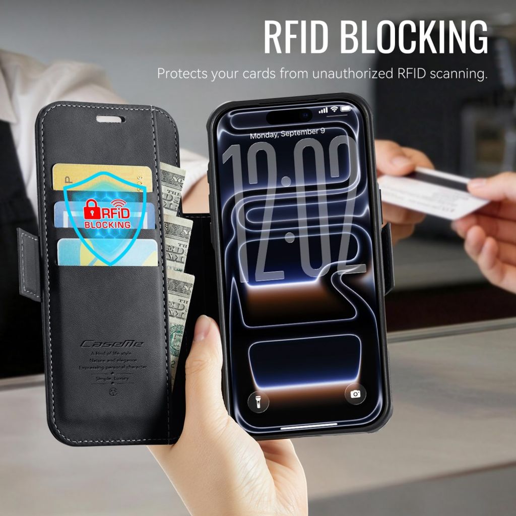 CASEME 053 iPhone 17 Pro Lommeboketui MagSafe RFID Blokkerende - Svart