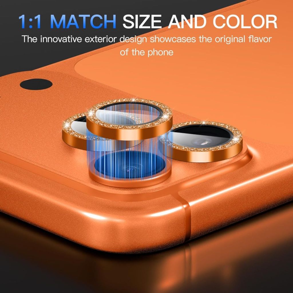 iPhone 18 Pro Glitter Linsskydd Härdat Glas/Metall Ring - Orange