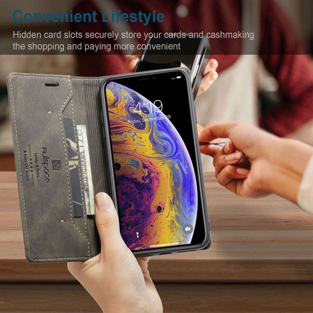 AUTSPACE A01 Series Plånboksfodral till iPhone X/XS RFID Stativ – Brun