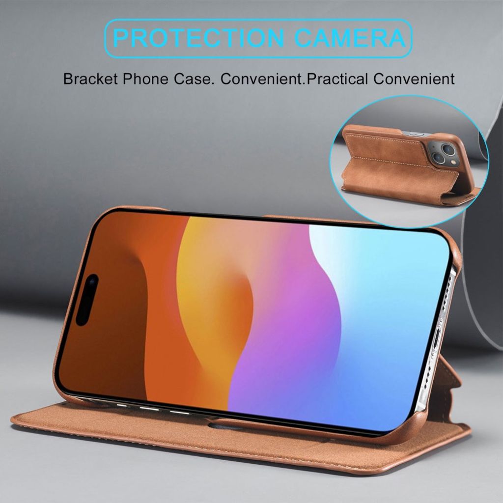 LC.IMEEKE iPhone 15 Plus Kotelo Jalusta - Ruskea