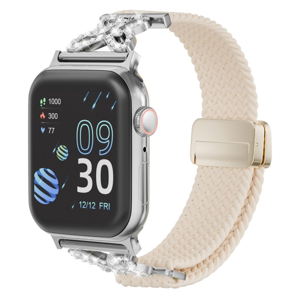 Apple Watch 42/41/40/38mm Flätat Klockarmband i Nylon med Strass - Vit