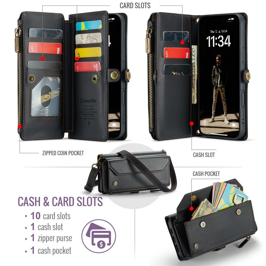 CASEME iPhone 18 Pro Max/17 Pro Max Lompakkokotelo RFID, 10 korttia - Musta