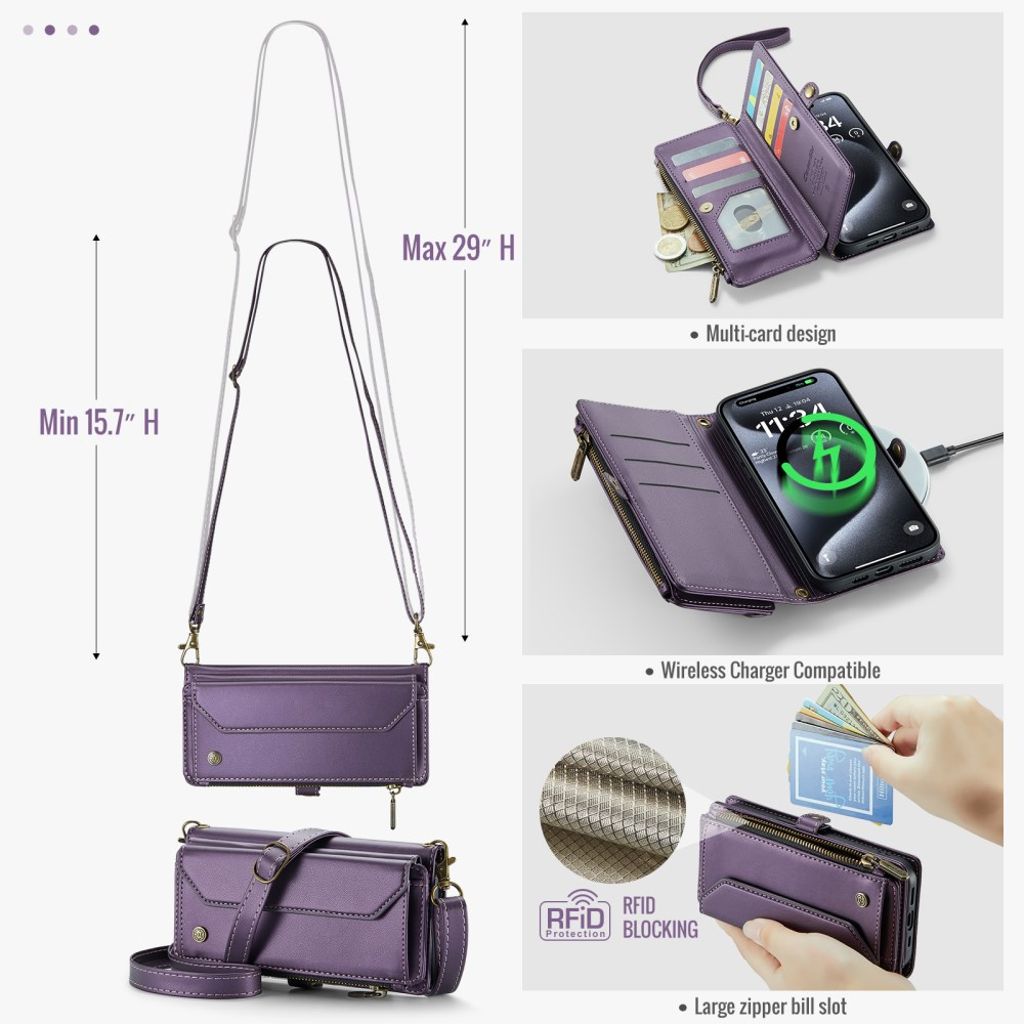CASEME C36 Wallet Cover with Zipper for iPhone 16 Pro Max – Purple