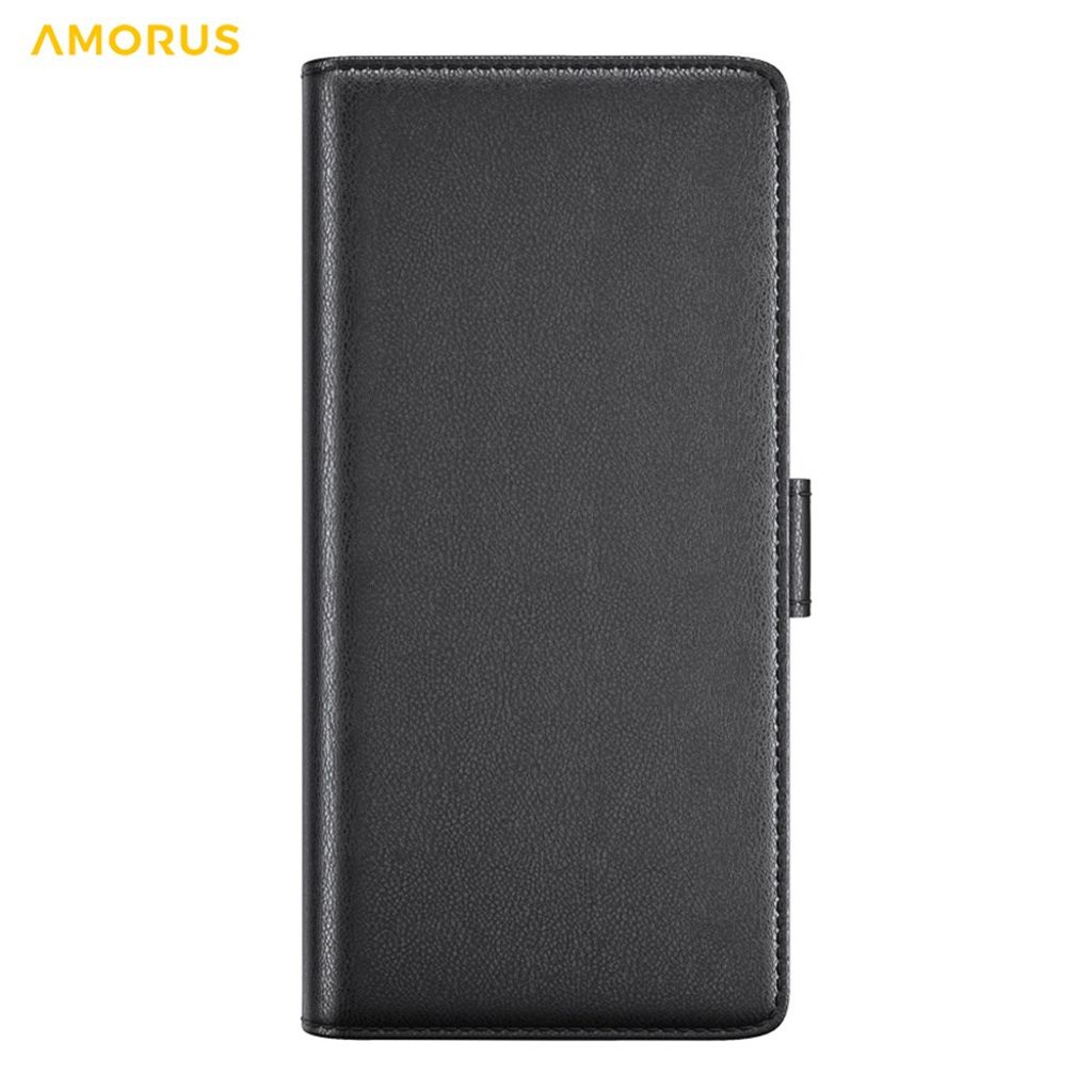 AMORUS iPhone 16e Wallet Cover Stand Real Leather - Black