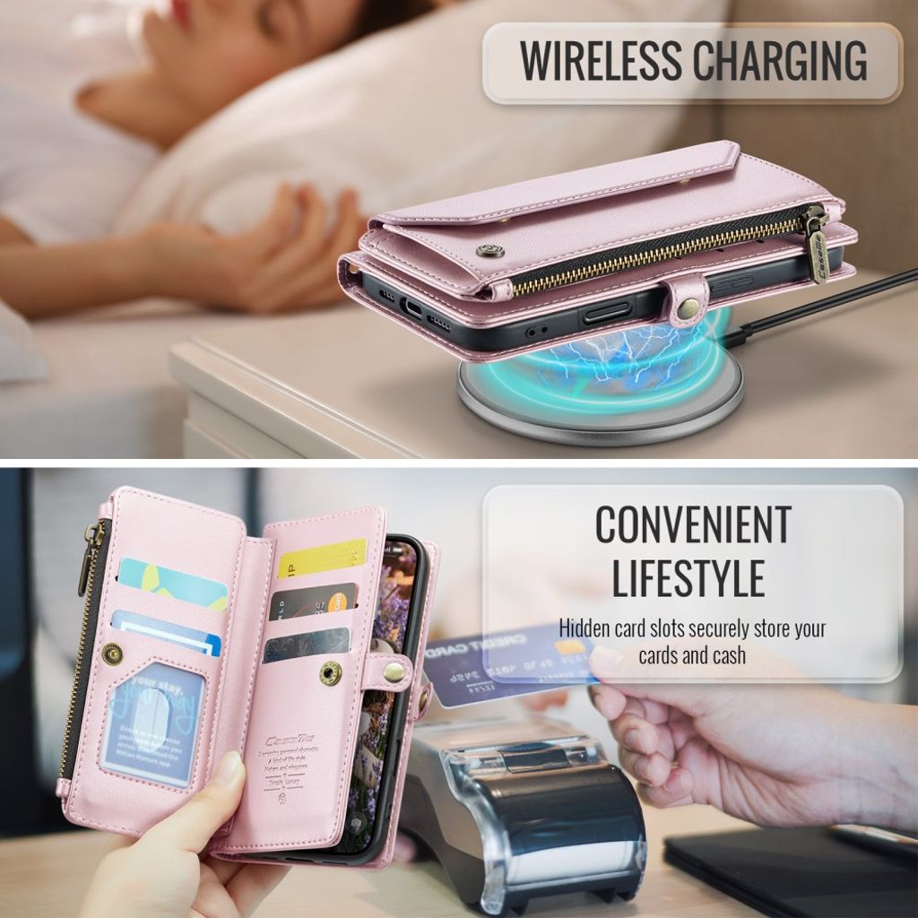 CASEME iPhone 16 Pro Lommeboketui Kortholder og Stativ med Reim – Rosa