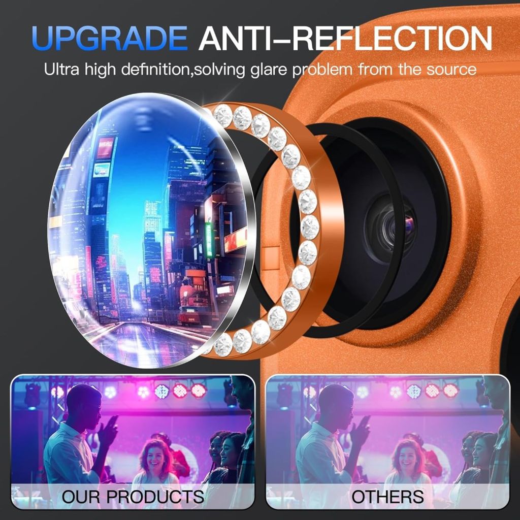 iPhone 18 Pro linsskydd i härdat glas med strassprydd metallring – Orange