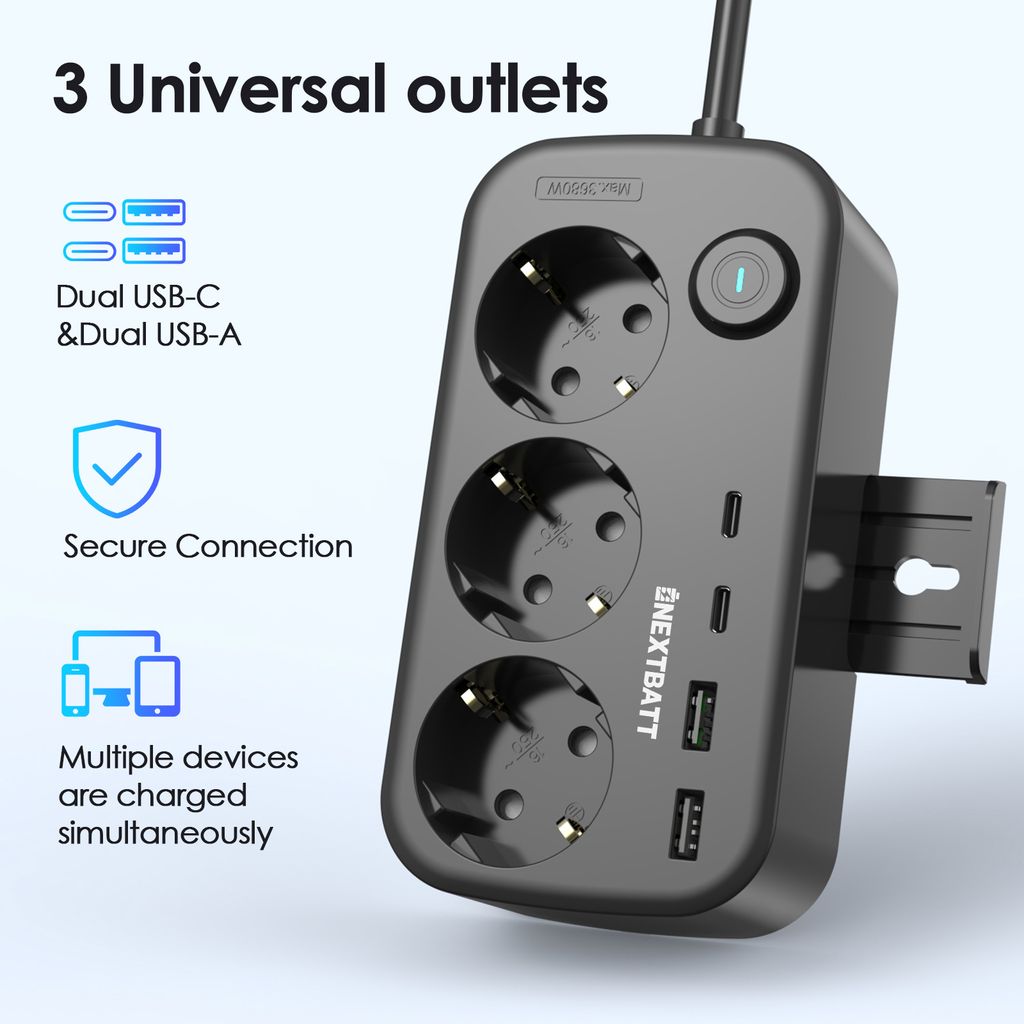 NEXTBATT Forgreningsskinne 3 stikkontakter 230V/2x USB-A/2x USB-C, 150cm