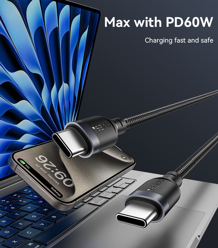 Yesido CA188 USB-C til USB-C-kabel 60 W hurtiglading 0,3 m – svart