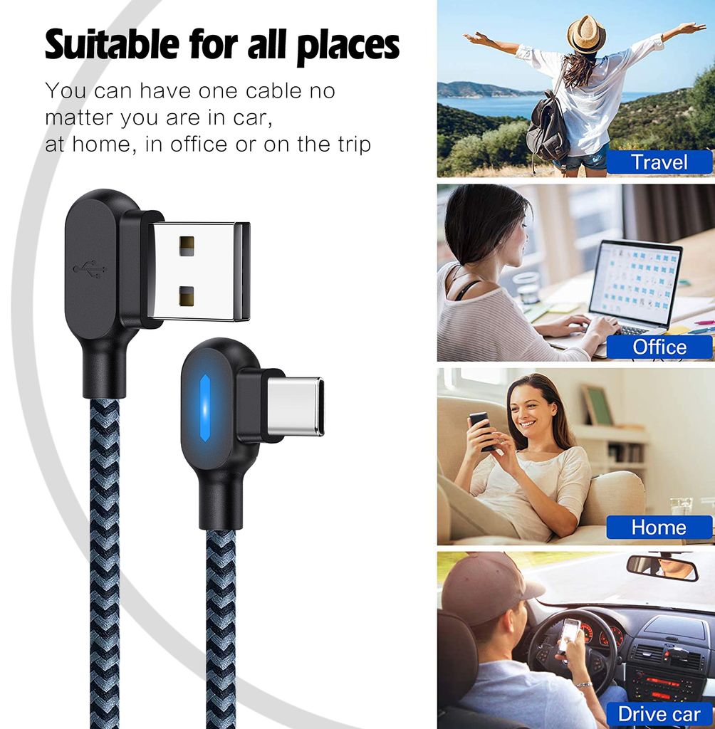 SIGN vinklet USB-C-kabel med LED-indikator 2.1A, 12W, 1m - Sort