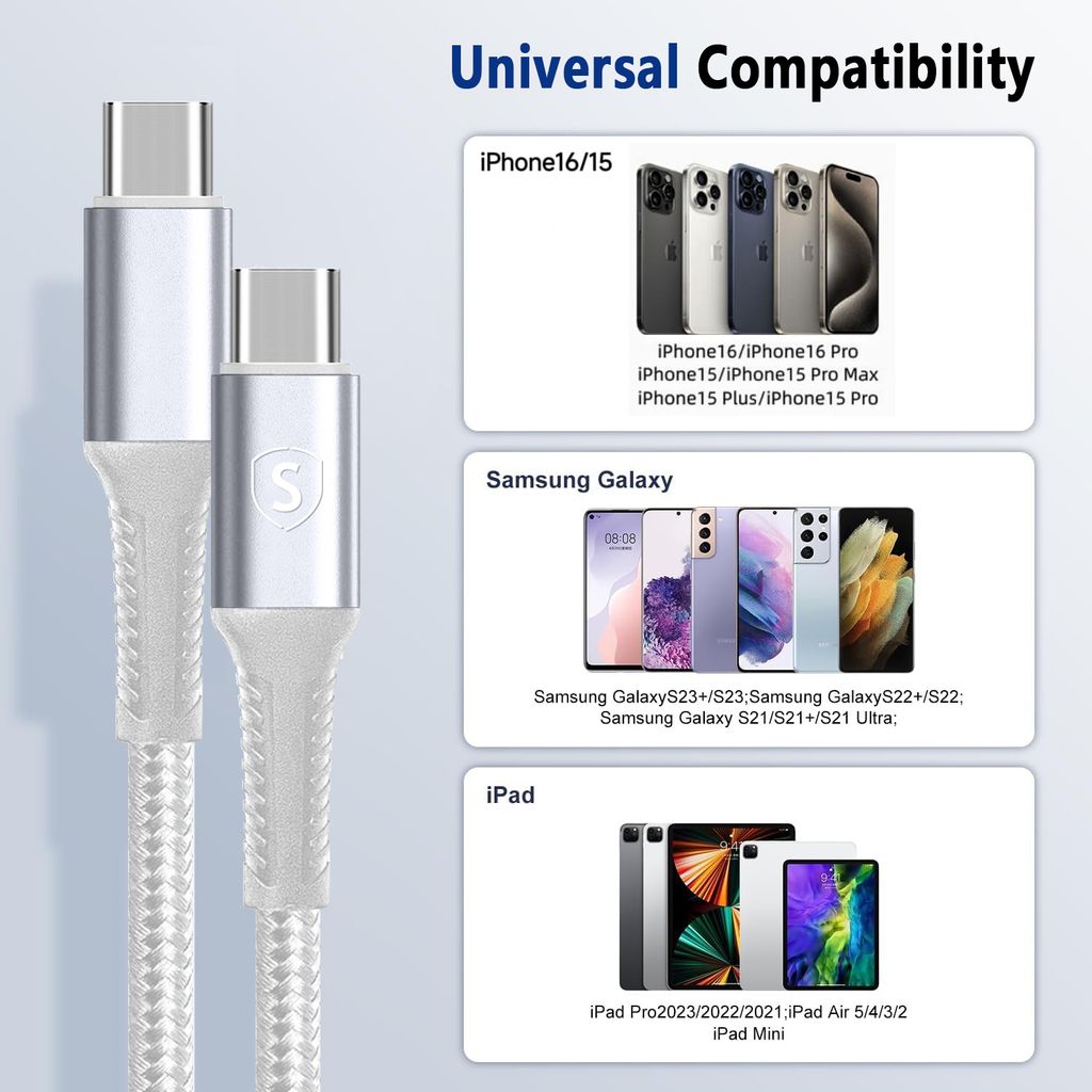 SiGN USB-C til USB-C ladekabel 60W/3A, 5m - Hvit