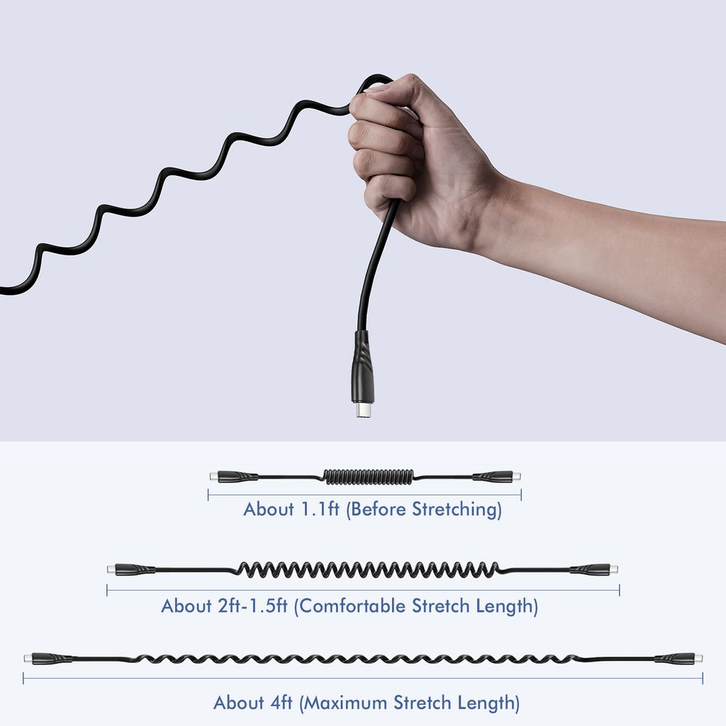 SiGN 60W spiralformet USB-C til USB-C hurtigopladningskabel til bil – sort