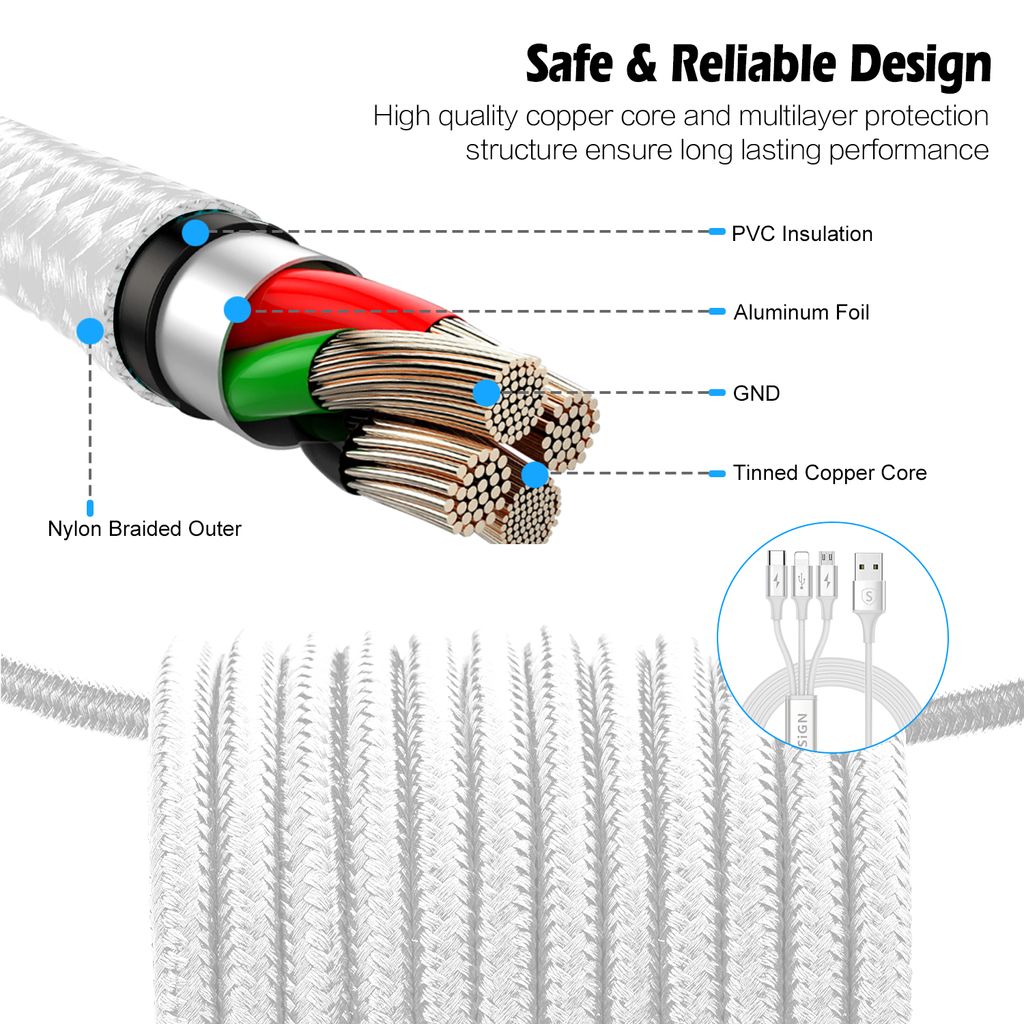 Valkoinen SiGN 3-i-1 Lightning, USB-C, Micro-USB palmikko 5V, 3A - 0,25m 