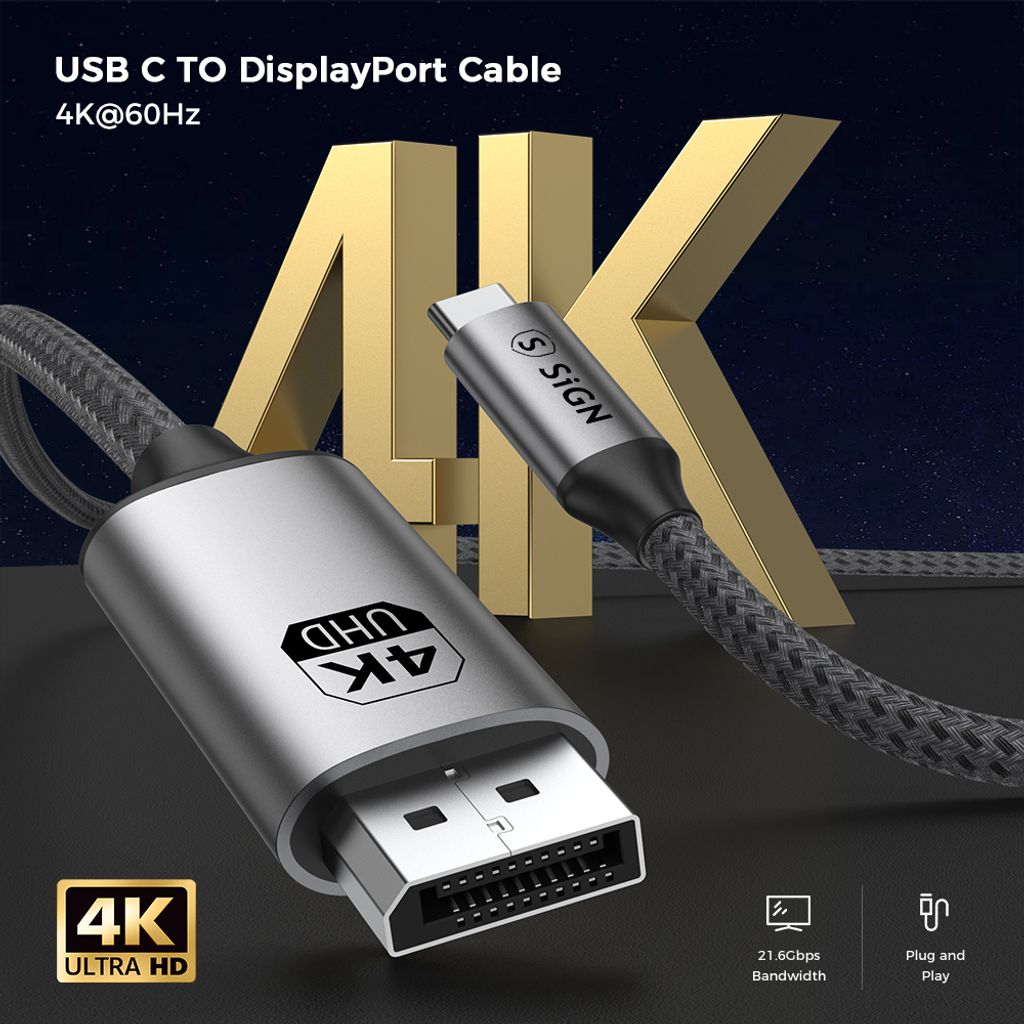 SiGN USB-C - DisplayPort -kaapeli 4K@60Hz, 2m - musta