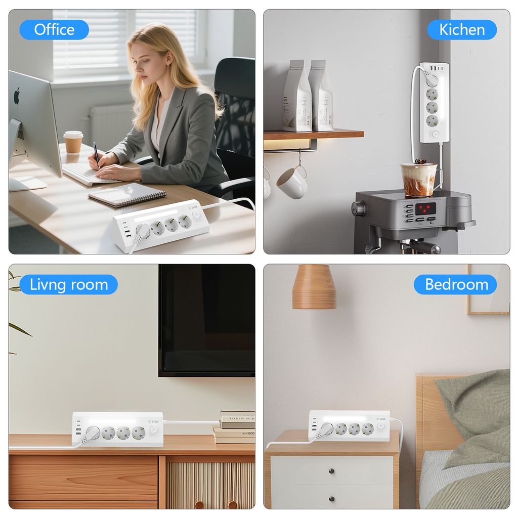 SiGN hurtigladende strømskinne for skrivebord 4-veis/2x USB-A/2x USB-C 1,8m – hvit