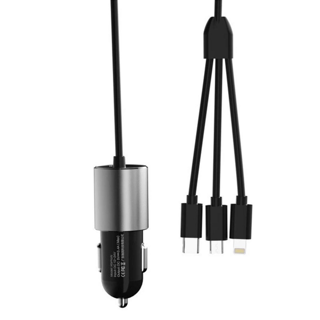 Dudao 3in1 USB-A billaddare med inbyggd Lightning/ USB-C/ mikro-USB-kabel
