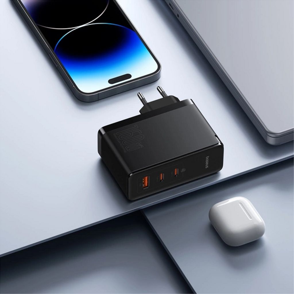 Baseus GaN5 Pro vegglader 2x USB-C, 1x USB-A, 160W + USB-C-kabel, 240W - Svart