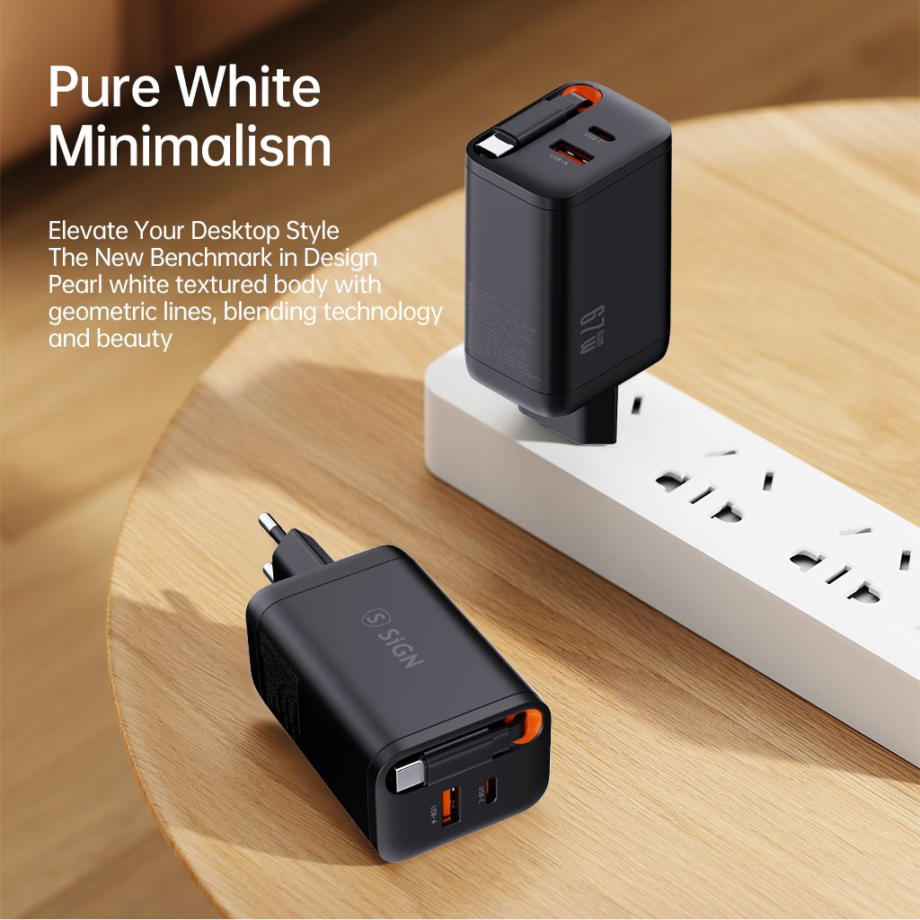 SiGN GaN Snabbladdare USB-C/USB-A 65W med utdragbar USB-C kabel  - Svart