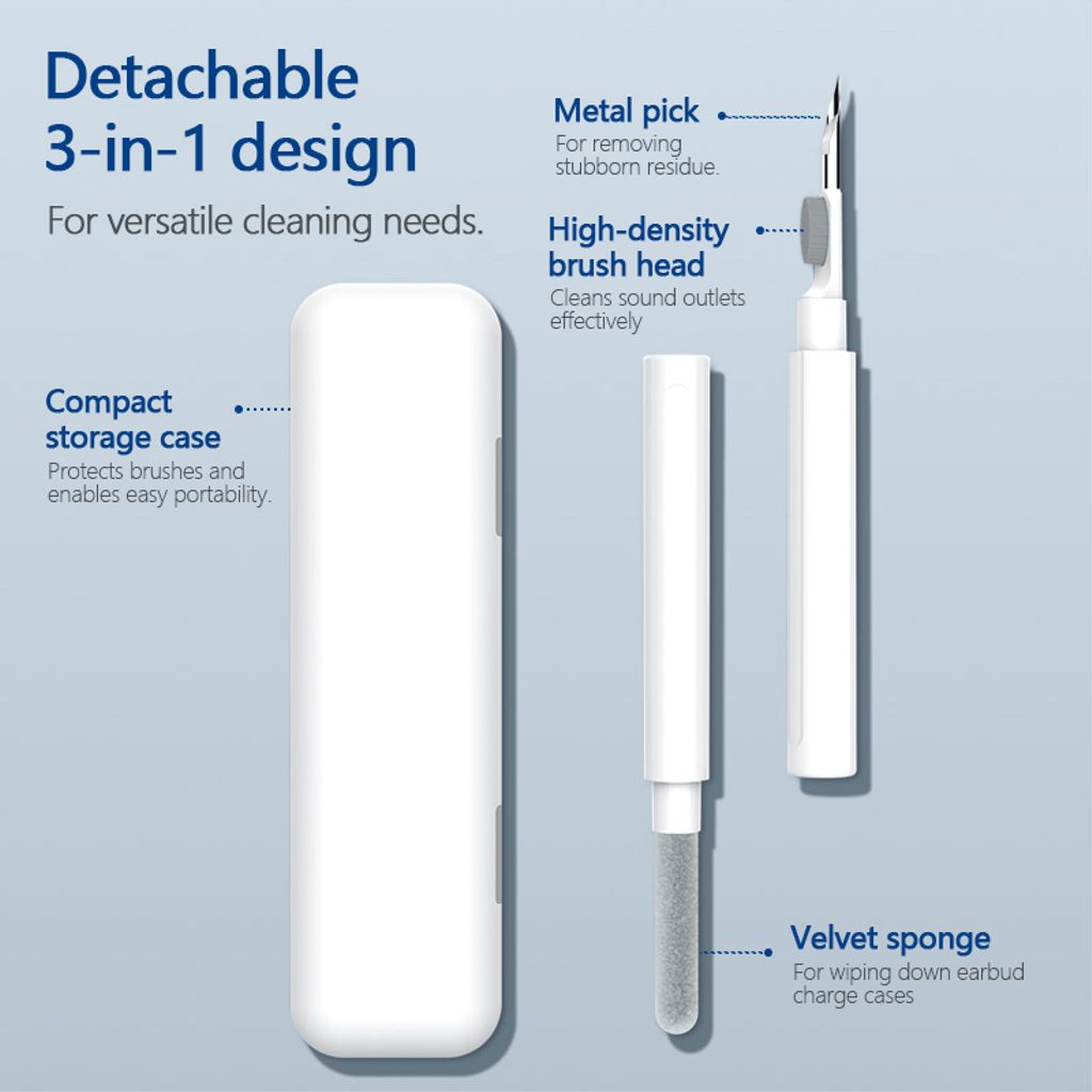 Teleskopisk Q5 rengøringsbørste til hovedtelefoner og opladningsetui – hvid