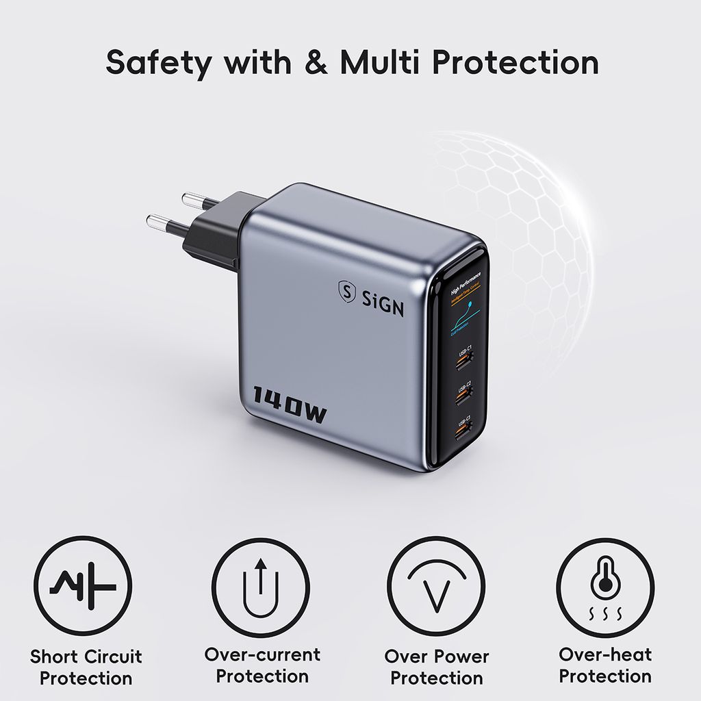 SiGN 140W Snabbladdare med Smart Display – 3x USB-C / 1x USB-A - Grå
