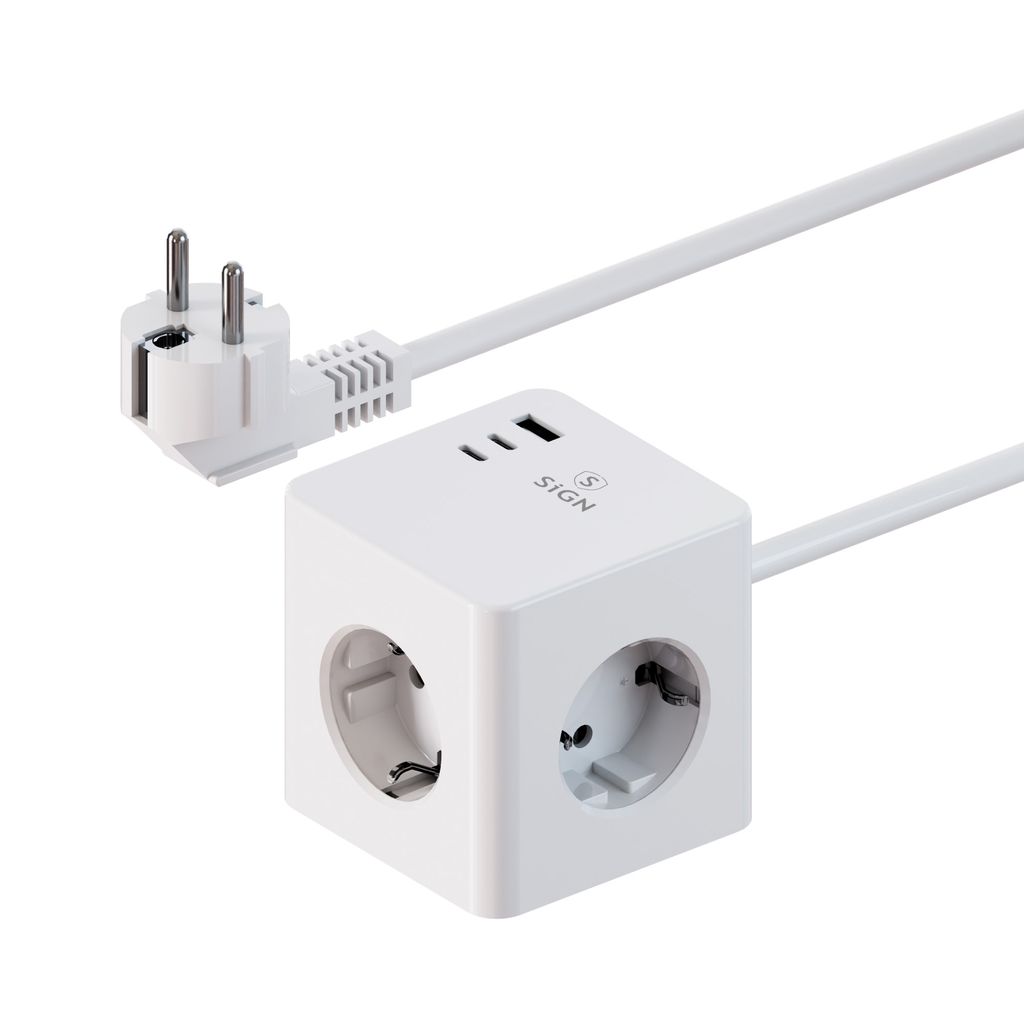 SiGN PowerCombo Cube Wall Charger 3680w, 2x USB-C, 1x USB-A, 3x AC, 16A - 20W, White
