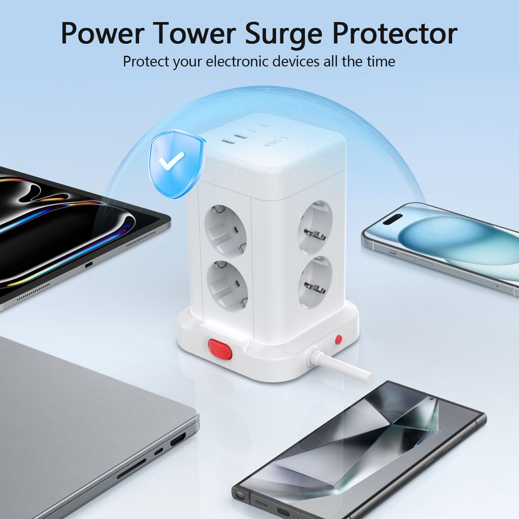 SiGN skrivebordsstrømskinne 8-veis + 2x USB-C/2x USB-A, 1,8m – hvit