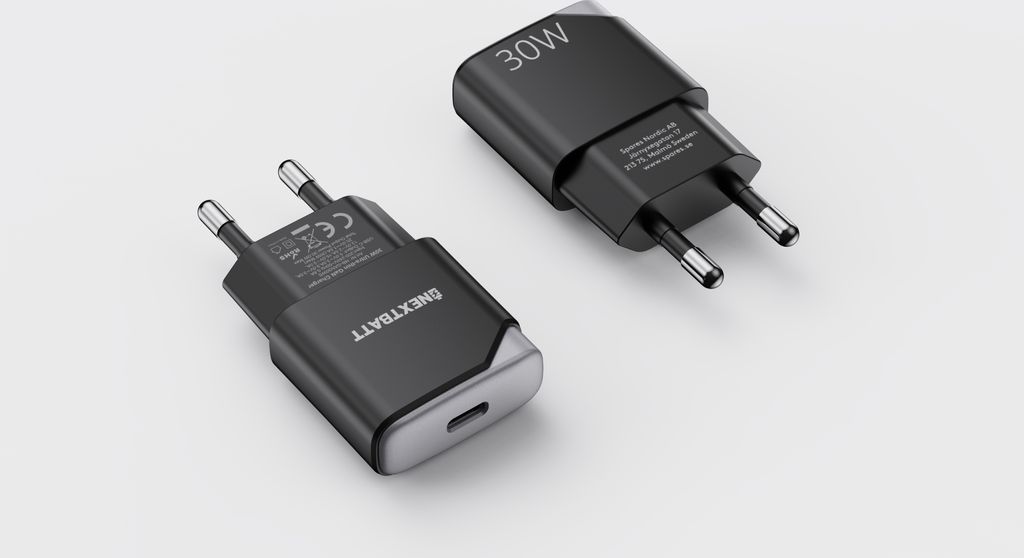 NEXTBATT GaN 30W slank vegglader USB-C – svart/grå