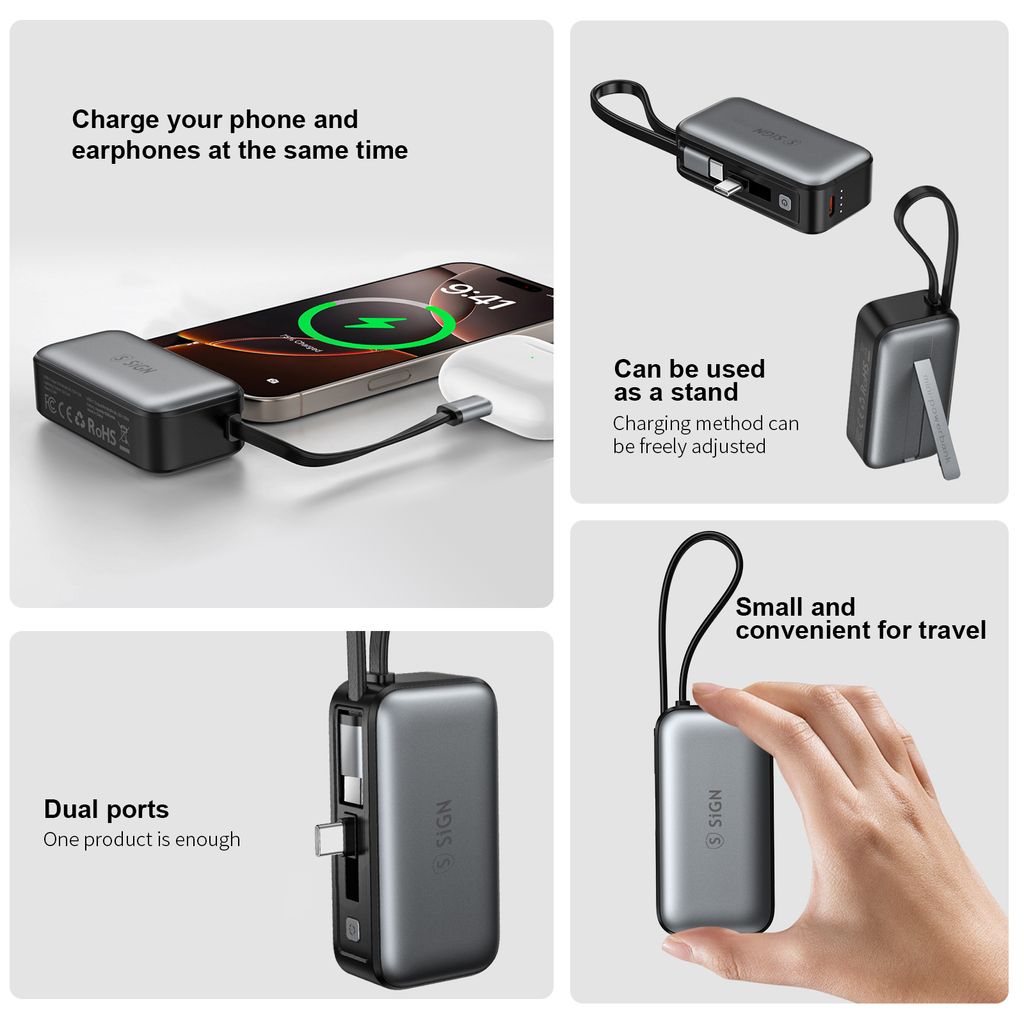SiGN 5000mAh Powerbank Snabbladdning med Inbyggd USB-C-kabel