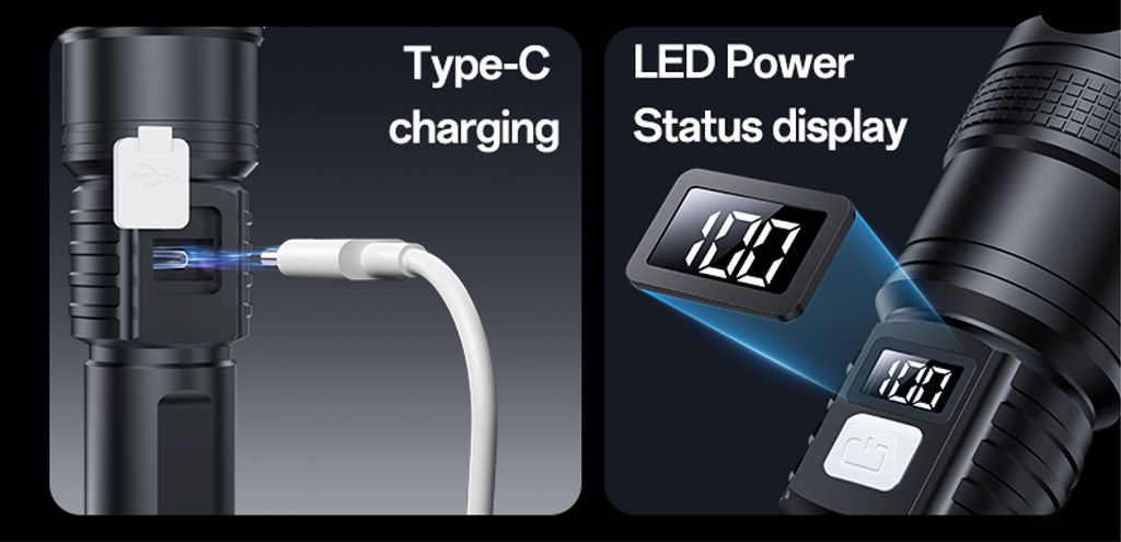 Yesido Teleskopisk Zoombar LED-lommelykt Oppladbar med Digital Display