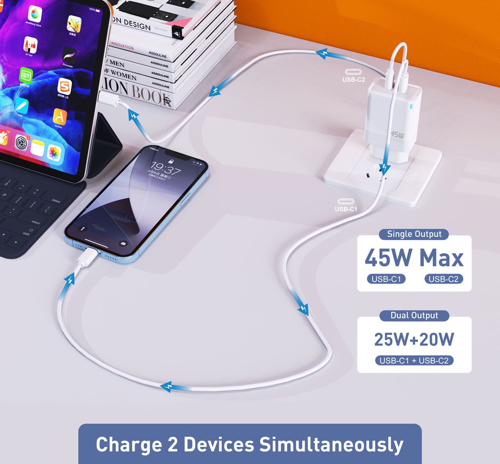SiGN Dual USB-C PD Lader 45W for bærbar PC og smarttelefoner - Hvit