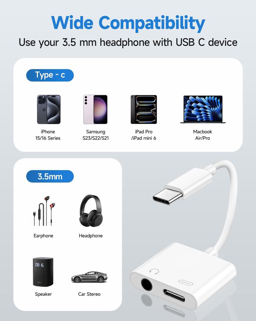 SiGN USB-C - 3,5 mm AUX-sovitin, 3A - Lataa ja kuuntele - valkoinen