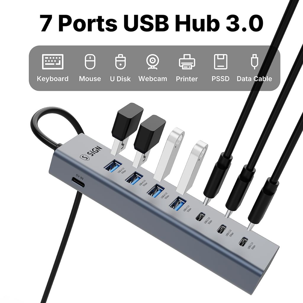 SiGN 7-i-1 USB-hub 4x USB-A / 3x USB-C, 1,2 m