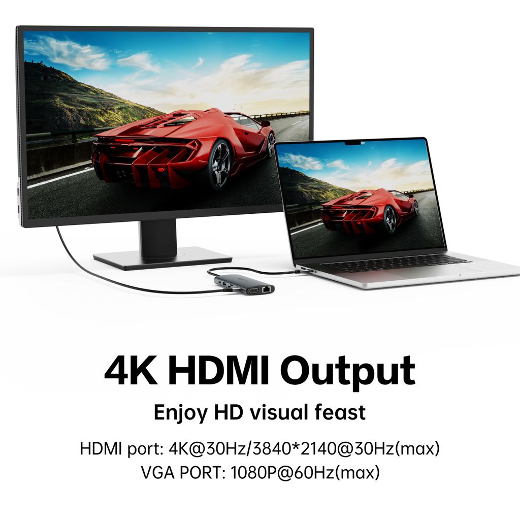 SiGN 11-i-1-hub USB-C til HDMI/VGA/RJ45/USB-C/USB-A/SD/TF/3,5 mm - Sølv