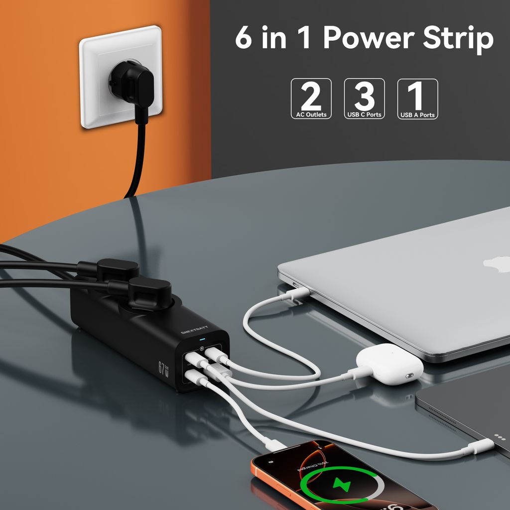 NEXTBATT 67W Fast Charging Power Strip 2-way/ 3xUSB-C/1x USB-A, 2m - Black