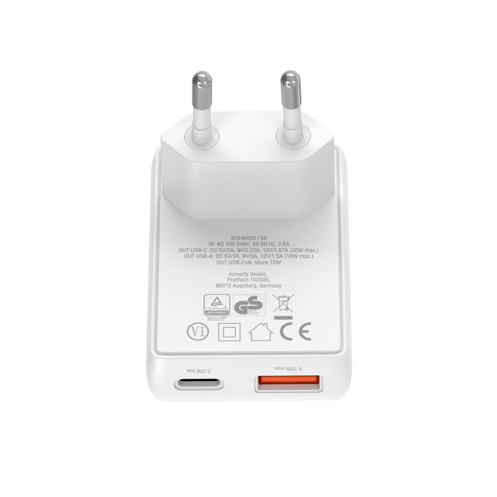 4Smarts Vegglader FlatPlug Duos 20W GaN – USB-C/USB-A – Hvit