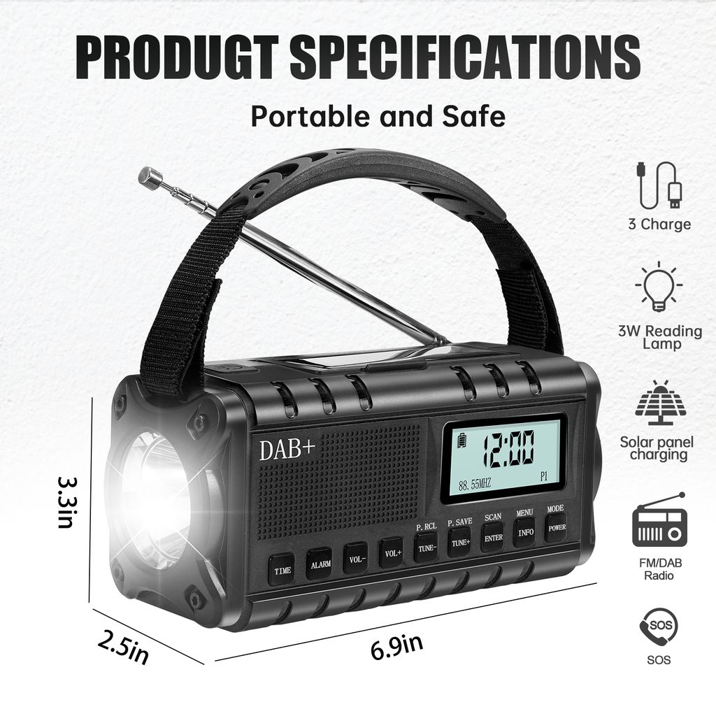 SiGN Nödradio DAB+/FM med handvev/batteri/solceller/USB-ström – svart